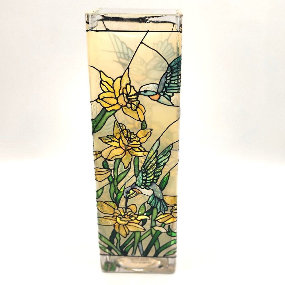 Joan Baker Hand Painted Glass Vase  ~Bless You  ~Hummingbirds and Daffodils 10"